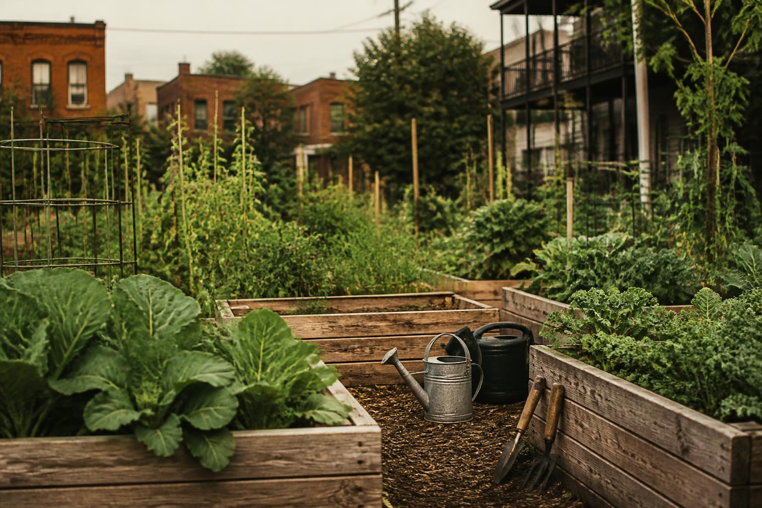 Raised garden beds full of vegetables in a neighborhood community garden