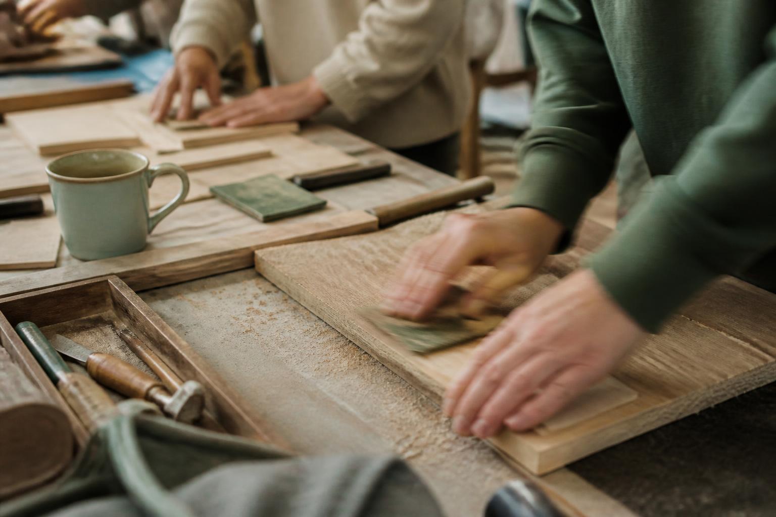 Hands at work sanding a wooden board on a workshop table