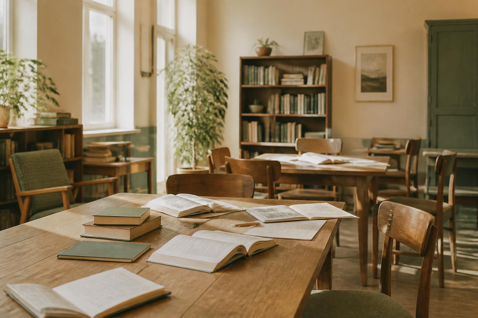 A sunlit community reading room with open books on wooden tables